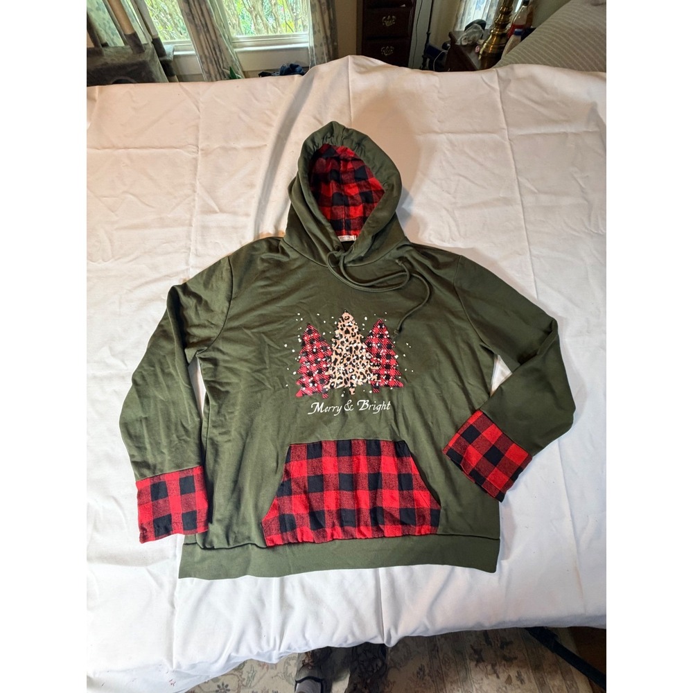 Haute Edition Womens Plus 1X Merry & Bright Christmas Tree Hoodie Olive Green
